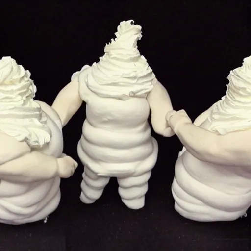 Prompt: Whipped cream sculpture of 3 drunk men ,in the style of Stanley Spencer, made entirely from creamy whipped cream