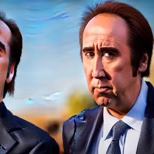 Image similar to photo of Saul Goodman standing beside Nicholas Cage, highly detailed, high quality, HD, 4k, 8k, Canon 300mm, professional photographer, 40mp, lifelike, top-rated, award winning, realistic, sharp, no blur, edited, corrected, trending