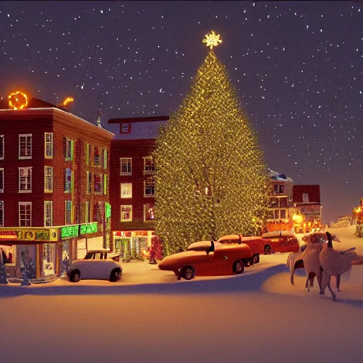Prompt: christmas in a new england town physically based render, night backlit, 1 9 6 0 s