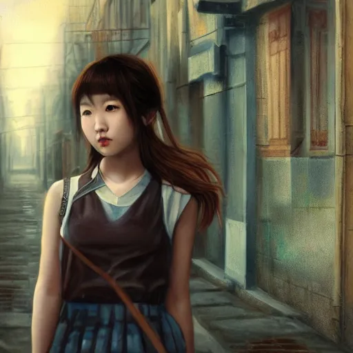 Image similar to a perfect, realistic professional oil painting in ancient Roman style, of a Japanese schoolgirl posing in a dystopian alleyway, close-up, by a professional American senior artist on ArtStation, a high-quality hollywood-style concept