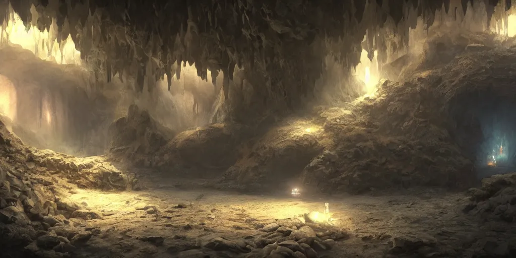 Image similar to fantasy matte painting of a cave with glowing crystals on the walls and piles of bones on the floor, fantasy, sharp focus, artstation