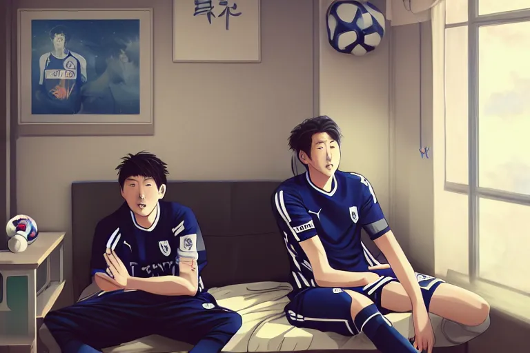 Image similar to beautiful anime harry kane and son heung-min sitting in a 90s teenagers bedroom, highly detailed, realistic, dynamic lighting, cinematic, masterpiece, trending on artstation,
