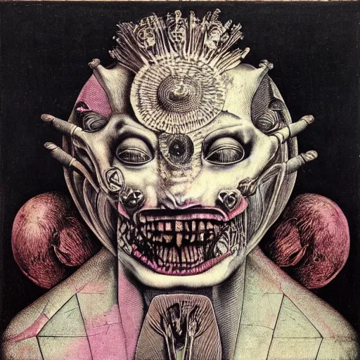 Image similar to post - punk album cover, asymmetrical design, dollar bank, new age, apocalypse, psychedelic, black white pink, magic, giger h. r., giuseppe arcimboldo