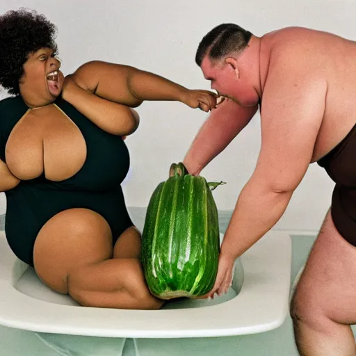 Image similar to a photo of a fat man in a swimsuit aggressively smashing a giant vegetable