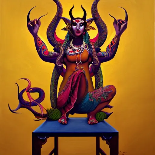 Prompt: a beautiful painting of a demon sitting on top of a chair, a high detailed painting by ram chandra shukla, by ali akbar sadeghi, pixiv contest winner, bengal school of art, symmetrical, coherent, maximalist, trending on artstation