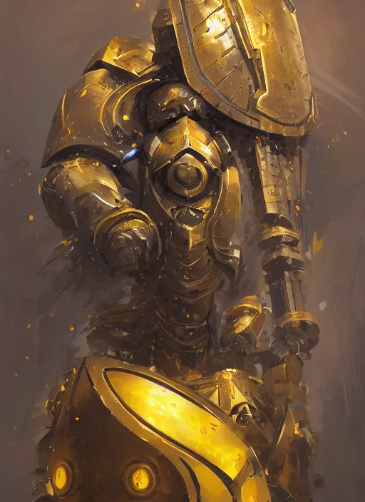 Image similar to dynamic abstract portrait of a intricate glorious holy mechanical warforged character in yellow armor holding a paladin engraved great longsword drawn and carrying a big paladin shield, spotlight from face , epic , trending on ArtStation, masterpiece, cinematic lighting, by Greg Rutkowski and by Ross Tran