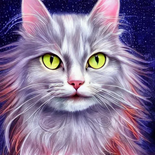 Image similar to luminescent colorful detailed airbrush painting of long haired cat