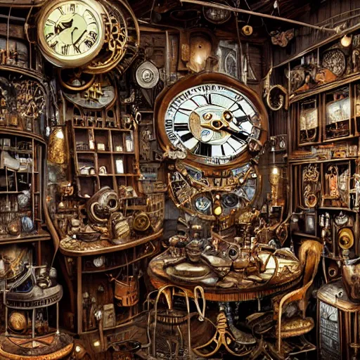 Image similar to interior of a cluttered steampunk clock shop, father time tinkering, wooden grandfather clocks everywhere, realistic, very intricate hyper detailed masterpiece by wlop