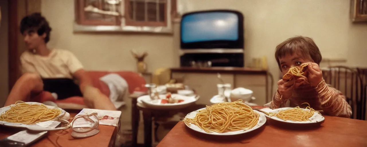 Image similar to watching tv while eating spaghetti,! alone!, 2 0 2 0, canon 5 0 mm, kodachrome, in the style of wes anderson