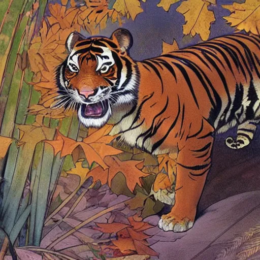 Prompt: a highly detailed cartoon tiger waving a leaf fan, autumn leaves on the ground, concise lines, ultradetailed environment, sharp focus, cinematic lighting, by alphonse maria mucha and kim jung gi