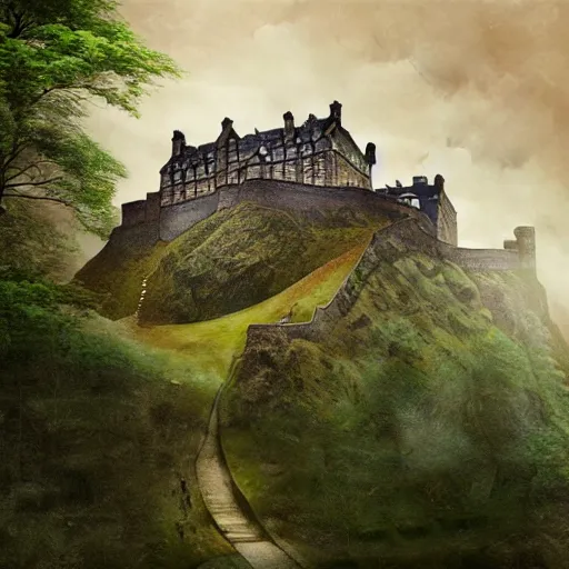 Image similar to a beautiful digital graphics design portrait of Edinburgh castle in Edinburgh. Edinburgh gardens overgrown with plants, caledonian forest, matte painting, fantasy art, highly detailed