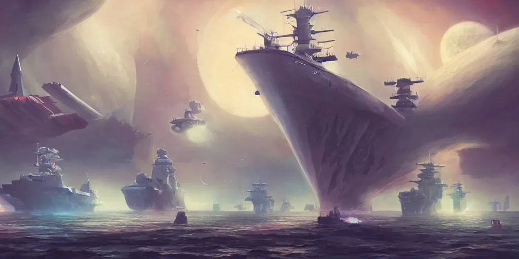 Image similar to 1400's battleship featured in no mans sky concept art, highly detailed, soft colors, art by by Charlie Bowater, by Mark Brooks