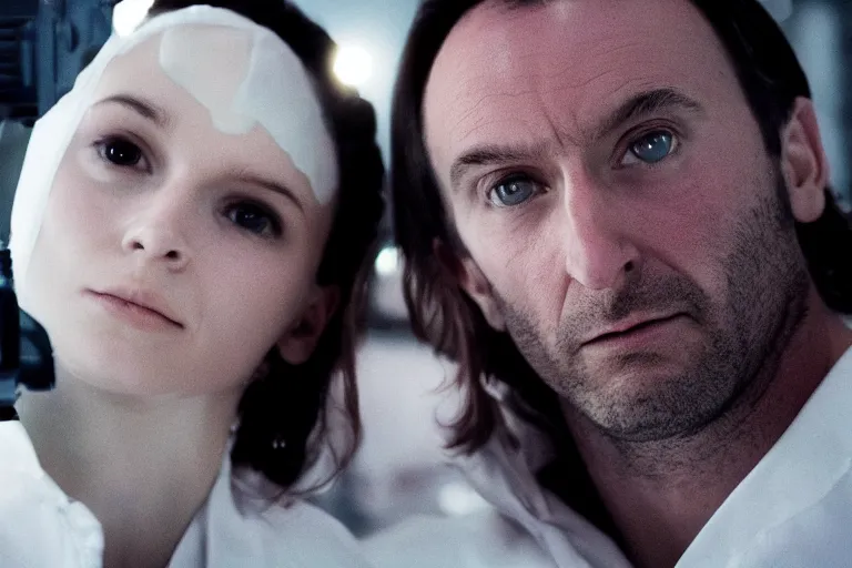 Image similar to movie closeup polar opposites, couple, researchers in a futuristic weapons lab, beautiful skin, Symmetrical faces. Beautiful lighting by Emmanuel Lubezki