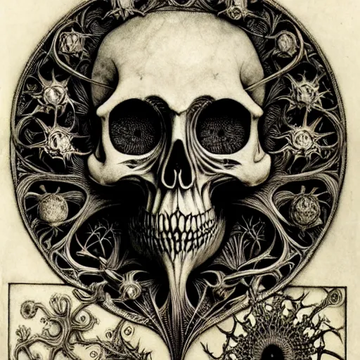 Prompt: memento mori by arthur rackham, art forms of nature by ernst haeckel, exquisitely detailed, art nouveau, gothic, ornately carved beautiful skull mask dominant, intricately carved ornamental antique bone, art nouveau botanicals, art forms of nature by ernst haeckel, horizontal symmetry, symbolist, visionary