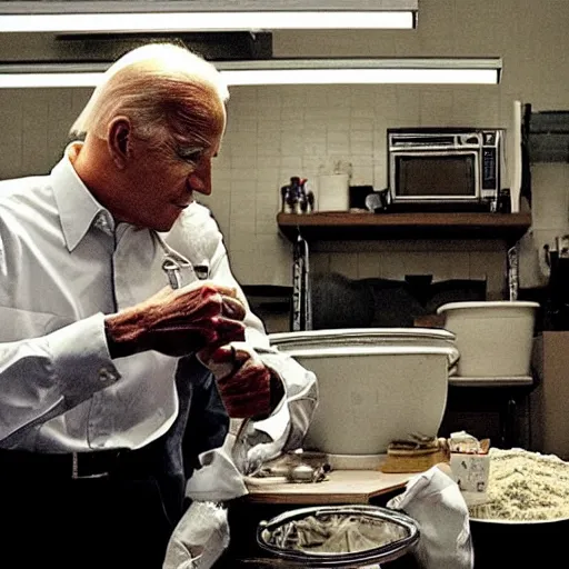 Image similar to “Very photorealistic screenshot of Joe Biden and Walter White cooking drugs in an episode of Breaking Bad, atmospheric lighting, award-winning”