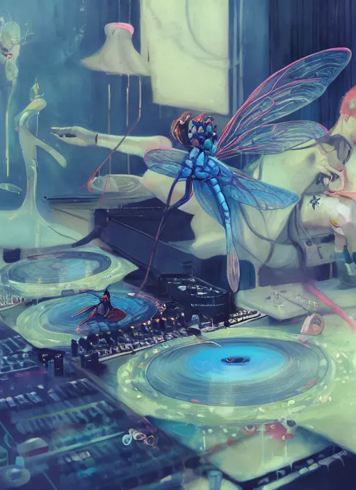 Image similar to surreal gouache painting, by yoshitaka amano, by ruan jia, by Conrad roset, by good smile company, detailed anime 3d render of a magical Dragonfly flying on a DJ Mixer, deck, mpc, portrait, cgsociety, artstation, rococo mechanical and electronic, dieselpunk atmosphere