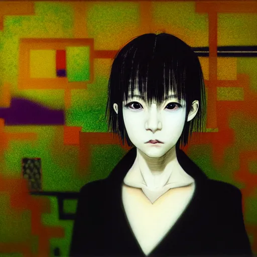 Image similar to yoshitaka amano blurred and dreamy realistic three quarter angle portrait of a young woman with white hair and black eyes wearing dress suit with tie, junji ito abstract patterns in the background, satoshi kon anime, chungking express color palette, noisy film grain effect, highly detailed, renaissance oil painting, weird portrait angle, blurred lost edges