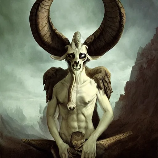 Image similar to baphomet with goat horns holding an animal skull, style of da vinci, horror, fantasy illustration, by greg rutkowski