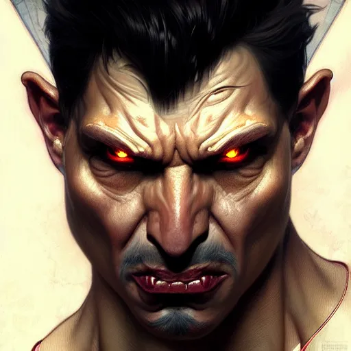 Image similar to face portrait of angry male demon, realistic, high qulity, 4 k, sharp fucos, tranding on art station, illustration, art by artgerm and greg rutkowski and alphonse mucha