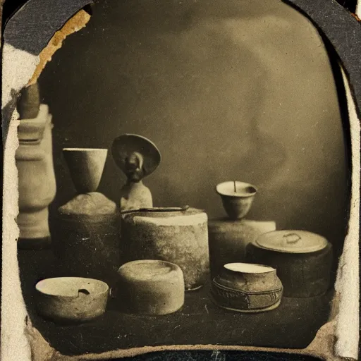 Prompt: Tintype photograph of primitive objects displayed in an ethnographic museum, archive material, anthropology,in the style of Marcel Duchamp, found objects, ready-made, 1920s studio lighting.