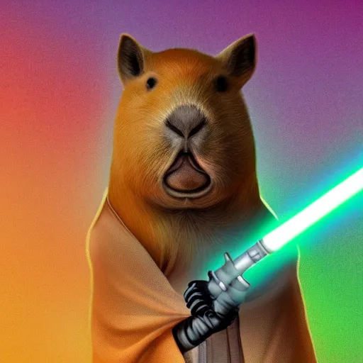 Prompt: an illustration of a capybara wearing a sith robe and holding a lightsaber, Digital art