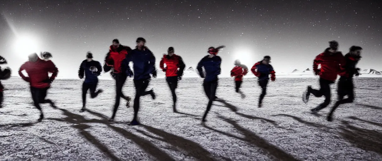 Image similar to a creepy dimly lit hyper detailed photo realistic vivid close up photograph of a group of six people running at night in antarctica running through mcmurdo station base screaming oh my god terror shadows evil darkness aurora borealis