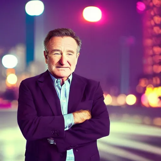 Prompt: a still of Robin Williams. Shallow depth of field. City at night in background, lights, colors ,studio lighting, mood, 4K. Profession photography