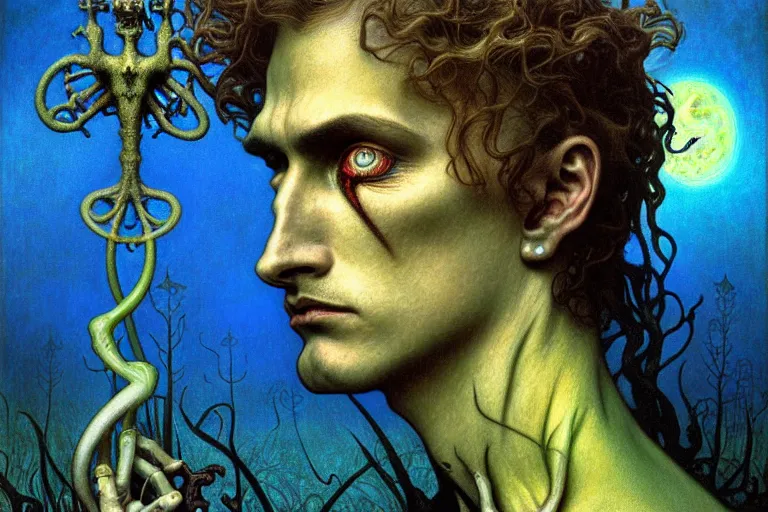 Image similar to realistic detailed portrait painting of a beautiful male zombie, nightly graveyard landscape background by Jean Delville, Amano, Yves Tanguy, Alphonse Mucha, Ernst Haeckel, Edward Robert Hughes, Roger Dean, masterpiece, cinematic composition, dramatic pose, 4k details, rich moody colours, blue eyes