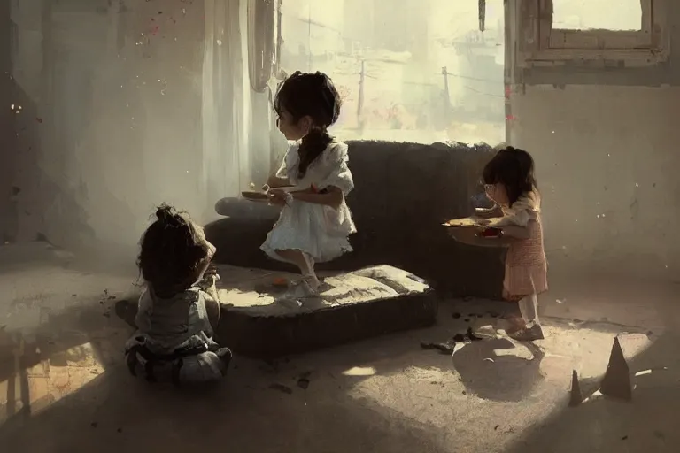 Image similar to little girl eating oreos, her baby sister is playing video games, the little girls are black, a beautiful painting , by greg rutkowski and kalin popov , trending on artstation hd