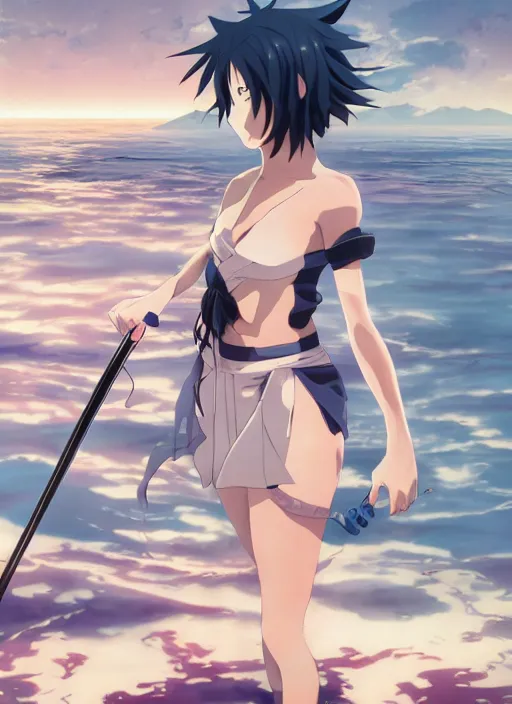 Image similar to anime girl with a katana walking on water, ripples, backdrop of dawn, saturn in the background, low angled illustration from demon slayer from genshin impact from jujutsu kaisen, concept art, anime, key visual, trending pixiv fanbox by wlop and greg rutkowski and makoto shinkai and studio ghibli