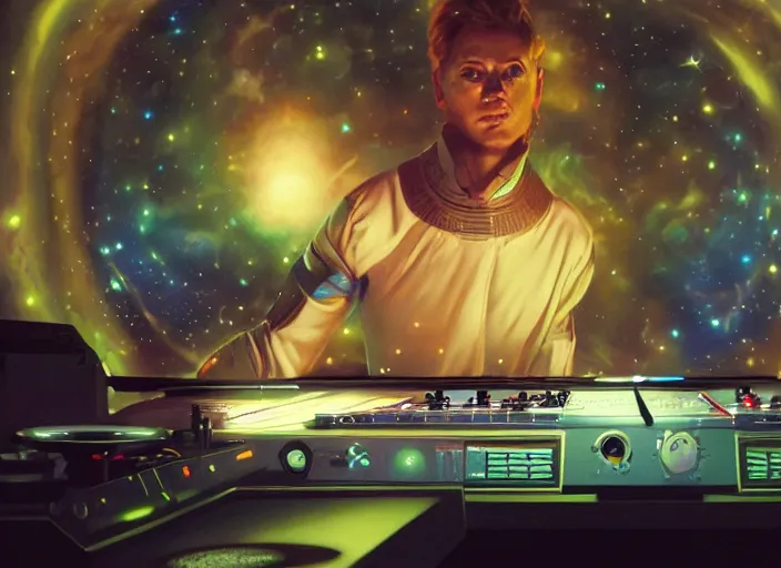 Image similar to Wide shot of a man djing under the galaxy, digital art, artstation, hyperrealistic, 4k, unreal engine, octane render, trending on artstation, art by Artgerm and Greg Rutkowski and Alphonse Mucha