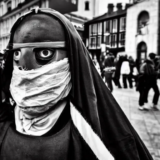 Image similar to medieval protester face photo black and white wide angle lense