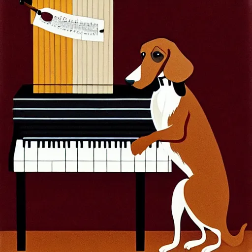 Image similar to a brown spaniel with a white chest playing a piano, Martini on the side. Artwork adult swim style, no text