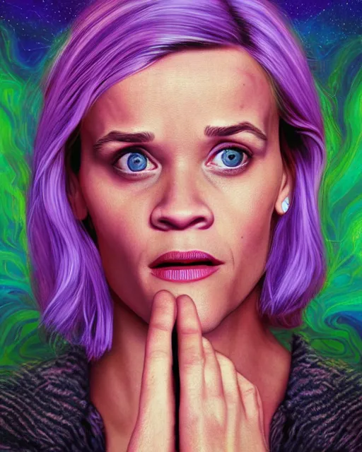 Prompt: portrait ultra dimensional reese witherspoon with her spoon entity, accidentally tripping on dmt and acid, psychedelic experience, overwhelming psychosis of self realization and burning awakening, ultra high definition, unreal engine 5, hyperrealism, masterpiece composition, by casey weldon, barclay shaw 8 k photorealistic