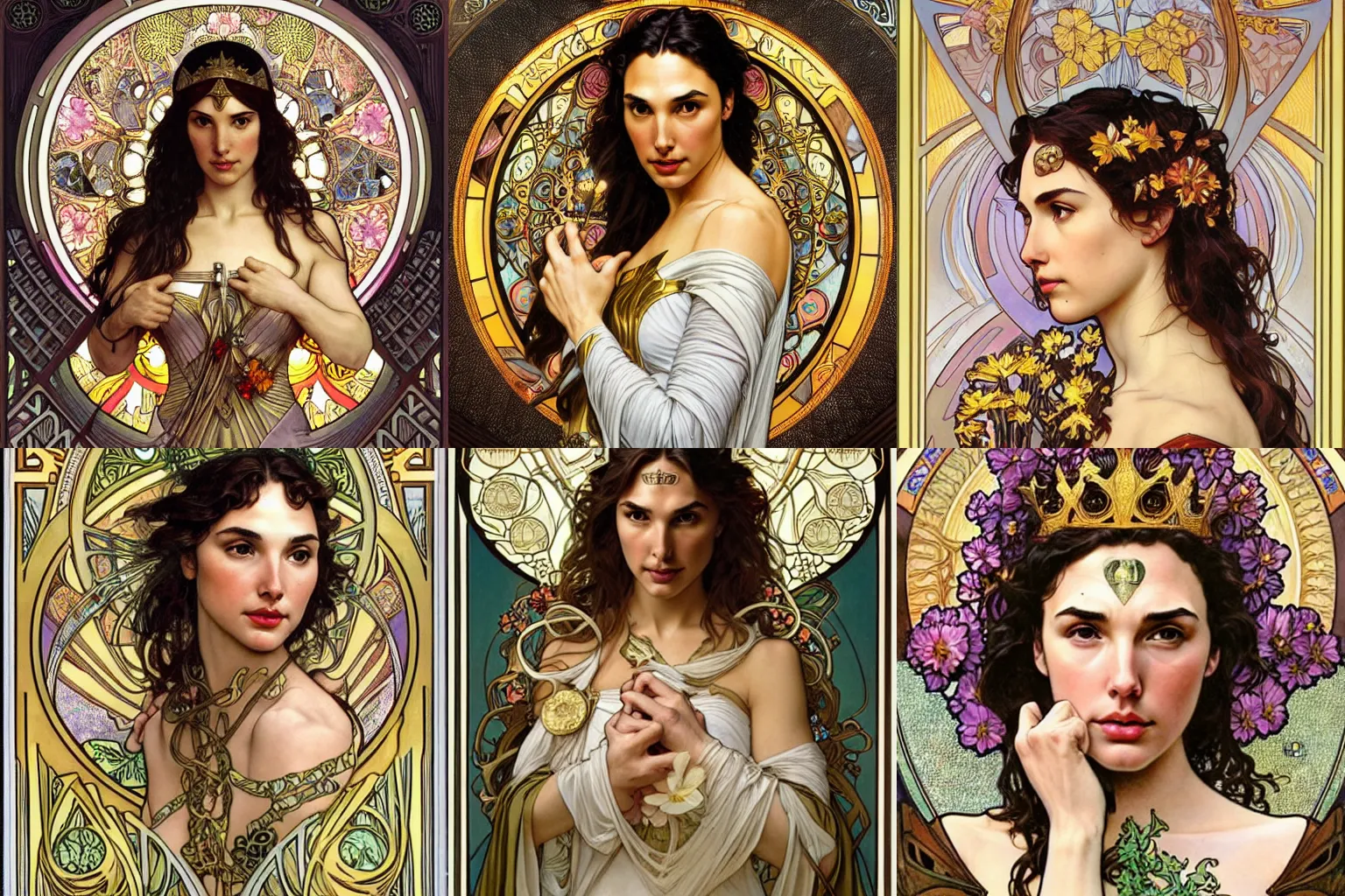 Prompt: realistic detailed face portrait of Gal Gadot as young queen of flowers by Alphonse Mucha, Greg Hildebrandt, and Mark Brooks, gilded details, spirals, Neo-Gothic, gothic, Art Nouveau, ornate medieval religious icon