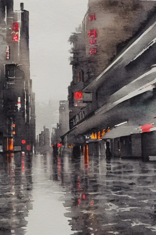 Prompt: a watercolor about contemporary Shanghai, deserted street after rain, cloudy overcast sky, poignant, high contrast of light and dark, smooth, by Joseph Zbikowicz, 8k