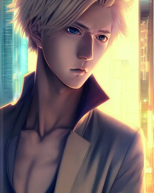 Image similar to portrait Anime Blonde Guy Short Hair Sharp fine face, pretty face, realistic shaded Perfect face, fine details. Anime. cyberpunk realistic shaded lighting by katsuhiro otomo ghost-in-the-shell, magali villeneuve, artgerm, rutkowski Jeremy Lipkin and Giuseppe Dangelico Pino and Michael Garmash and Rob Rey