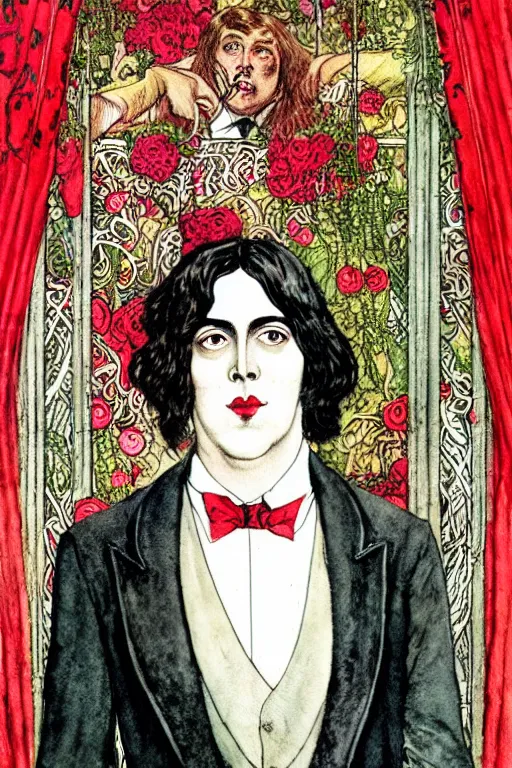 Image similar to realistic portrait of oscar wilde in the center of an ornate red curtain frame with skulls and flowers, detailed art by kay nielsen and walter crane, illustration style, watercolor