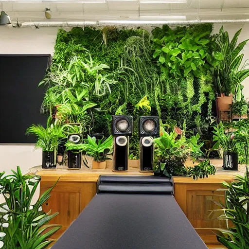 Prompt: a large room covered with plants and speakers