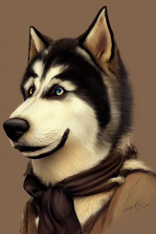 Image similar to a portrait painting of a husky in cowboy costume, character design, anime, furry