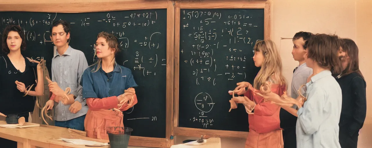 Image similar to mathematicians standing around a chalkboard with spaghetti, attempting to solve an algorithm, based on spaghetti, detailed facial expression, canon 5 0 mm, cinematic lighting, photography, retro, film, kodachrome