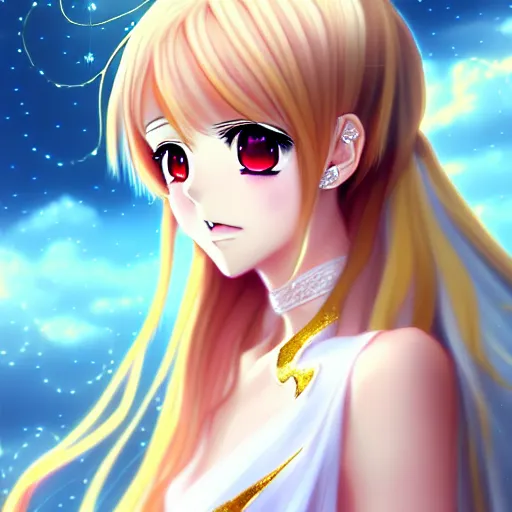 Image similar to portrait of an anime princess in white and golden clothes , digital painting , artstation , gorgeous , cute , beautiful , elegant , devian art , 4k , HD