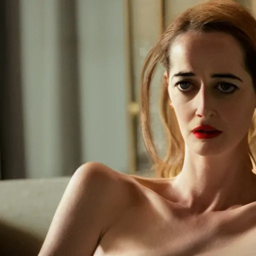 Image similar to eva green as catherine tramell in the famous interrogation scene from the film basic instinct.