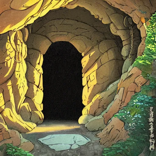 Image similar to beautiful painting of Entrance to a dungeon at the base of an ancient mountain in the morning light, in the style of Studio Ghibli, by Hayao Miyazaki