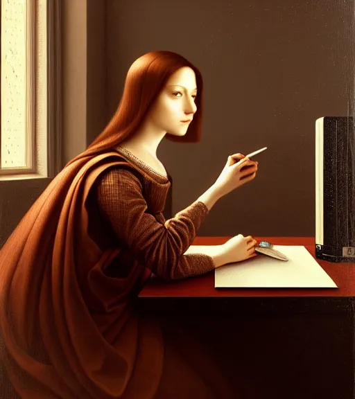 Prompt: portrait of a computer sitting upon a table with heightened detail, poised, intense emotion, detailed facial expression, detailed surroundings, intricate, elegant, highly detailed, centered, digital painting, artstation, concept art, smooth, sharp focus, illustration, by ( leonardo da vinci ), wlop