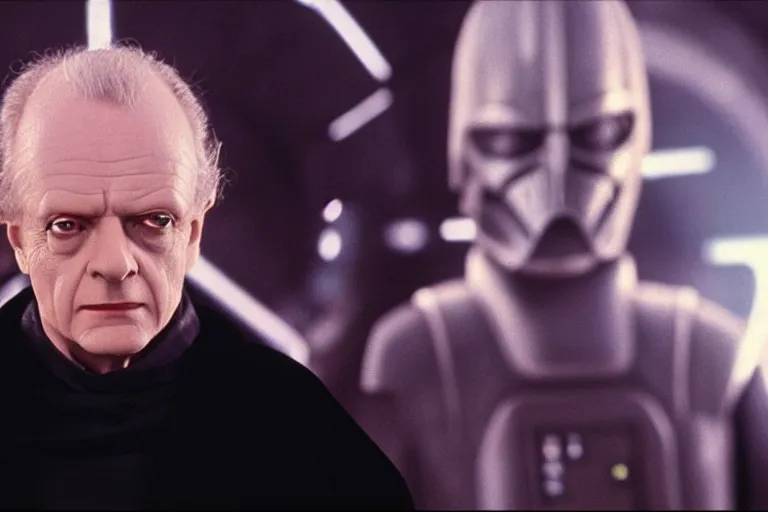 Image similar to (a cinematic still from return of the jedi!!), palpatine by Ian McDiarmid, masterpiece
