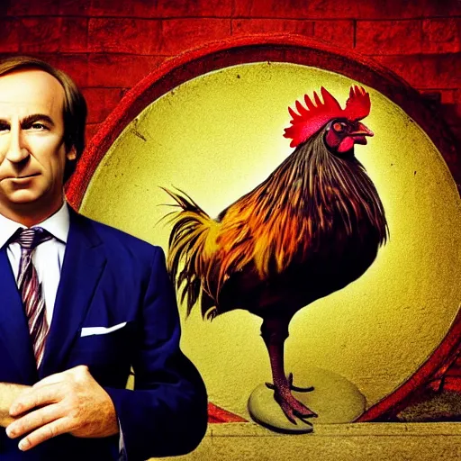 Prompt: saul goodman and a rooster in a torture chamber, horror torture background, saul goodman, rooster, real life photo