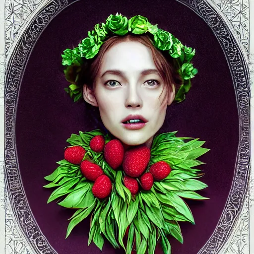 Image similar to the portrait of an absurdly beautiful, graceful, elegant, sophisticated, dignified woman made of strawberries and green petals looking up, an ultrafine hyperdetailed illustration by kim jung gi, irakli nadar, intricate linework, bright colors, octopath traveler, final fantasy, unreal engine 5 highly rendered, global illumination, radiant light, detailed and intricate environment