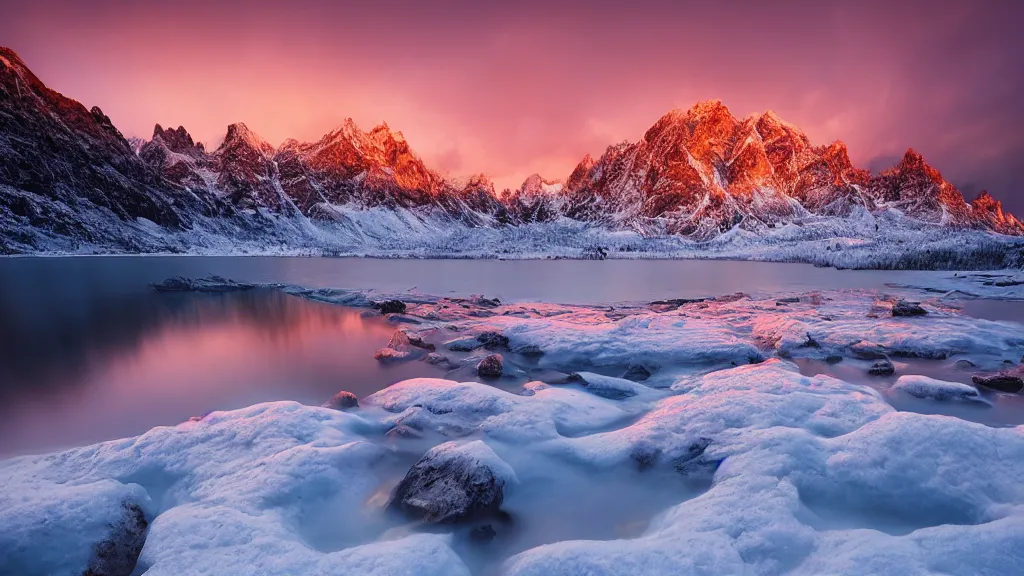 Image similar to amazing snowy landscape photo of mountains with lake in sunset by marc adamus, beautiful dramatic lighting