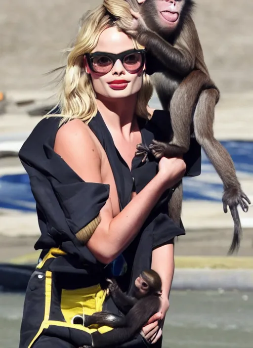 Image similar to margot robbie doing karting versus a monkey